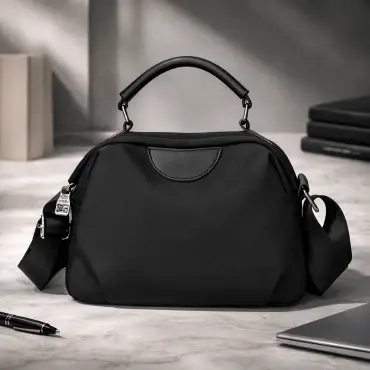 New Portable Nylon Cloth with Cowhide Shoulder Bag(Black)