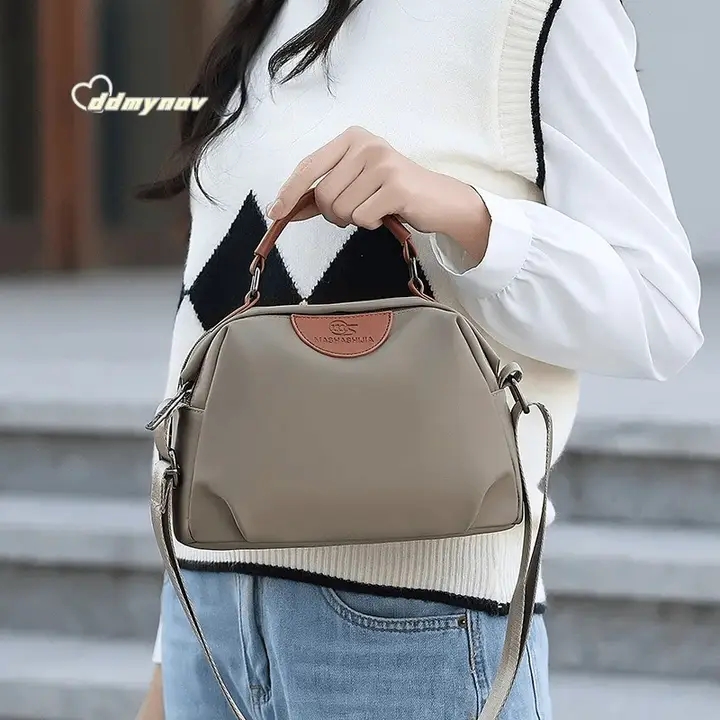 New Portable Nylon Cloth with Cowhide Shoulder Bag(Grey)