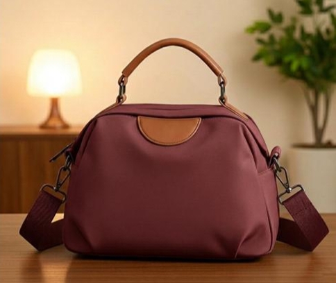 New Portable Nylon Cloth with Cowhide Shoulder Bag(Red)